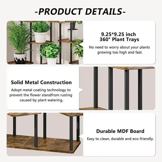 Alt view image 5 of 7 - YOCOMEY 9 Tier Plant Stand Indoor, Thickened Metal Wood Corner Plant Shelf Stands for Multiple Plants, Indoor Tall Plants Stand Tiered Flower Holder for Living Room Patio Garden Balcony(Black+Brown)