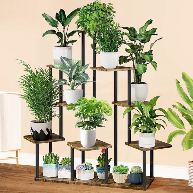 Alt view image 7 of 7 - YOCOMEY 9 Tier Plant Stand Indoor, Thickened Metal Wood Corner Plant Shelf Stands for Multiple Plants, Indoor Tall Plants Stand Tiered Flower Holder for Living Room Patio Garden Balcony(Black+Brown)
