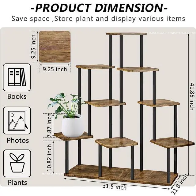 Alt view image 3 of 7 - YOCOMEY 9 Tier Plant Stand Indoor, Thickened Metal Wood Corner Plant Shelf Stands for Multiple Plants, Indoor Tall Plants Stand Tiered Flower Holder for Living Room Patio Garden Balcony(Black+Brown)