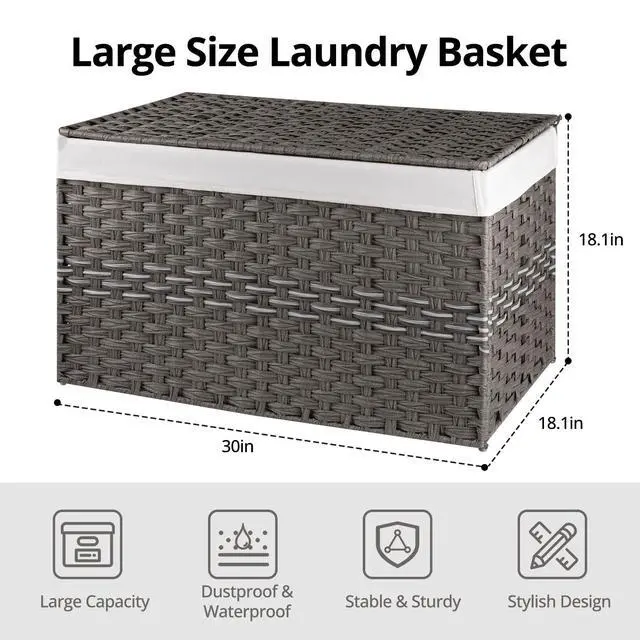 Alt view image 2 of 7 - OIAHOMY Large Storage Basket with Lid, 42.3 Gallon (160L) Blanket Basket with Removable Liner Bag, Wicker Hamper with Handle, Foldable, Hamper for Bedroom, Grey
