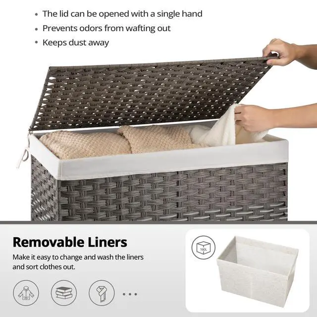 Alt view image 3 of 7 - OIAHOMY Large Storage Basket with Lid, 42.3 Gallon (160L) Blanket Basket with Removable Liner Bag, Wicker Hamper with Handle, Foldable, Hamper for Bedroom, Grey