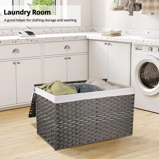 Alt view image 4 of 7 - OIAHOMY Large Storage Basket with Lid, 42.3 Gallon (160L) Blanket Basket with Removable Liner Bag, Wicker Hamper with Handle, Foldable, Hamper for Bedroom, Grey