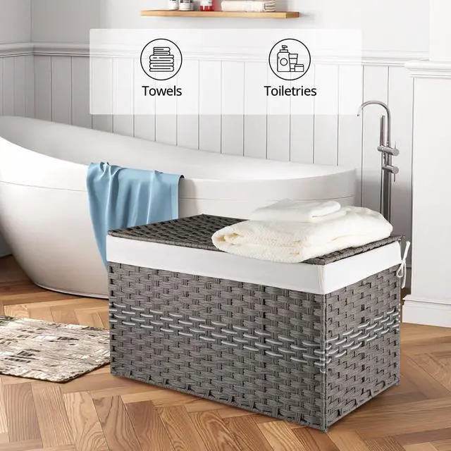 Alt view image 5 of 7 - OIAHOMY Large Storage Basket with Lid, 42.3 Gallon (160L) Blanket Basket with Removable Liner Bag, Wicker Hamper with Handle, Foldable, Hamper for Bedroom, Grey
