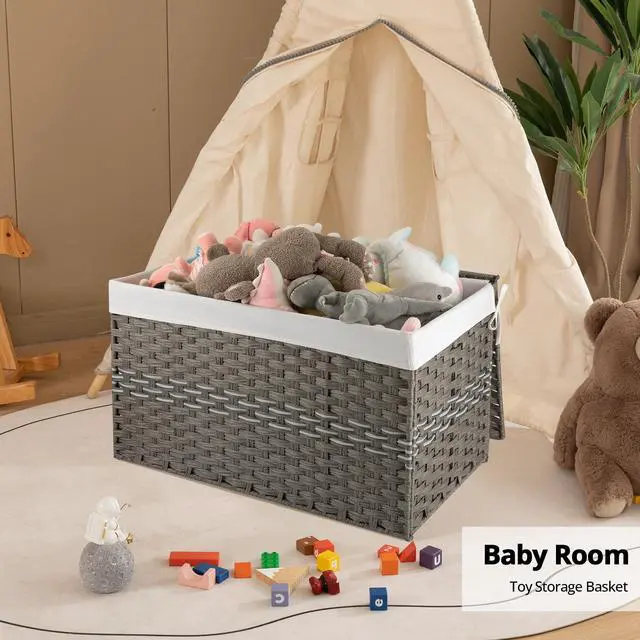 Alt view image 6 of 7 - OIAHOMY Large Storage Basket with Lid, 42.3 Gallon (160L) Blanket Basket with Removable Liner Bag, Wicker Hamper with Handle, Foldable, Hamper for Bedroom, Grey