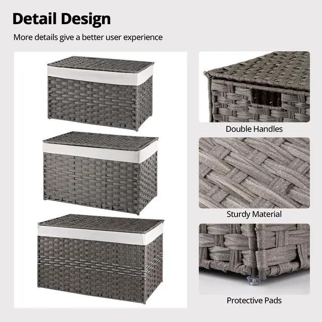Alt view image 7 of 7 - OIAHOMY Large Storage Basket with Lid, 42.3 Gallon (160L) Blanket Basket with Removable Liner Bag, Wicker Hamper with Handle, Foldable, Hamper for Bedroom, Grey