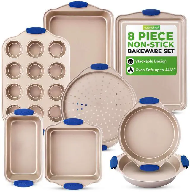 Main image of NutriChef 8-Piece Nonstick Bakeware Set - Heavy Duty Carbon Steel Baking Pans w/ Blue Silicone Handles - Pizza Crisper, Muffin & Loaf Pan, Round & Square Pans, Cookie Sheet - Champagne Gold