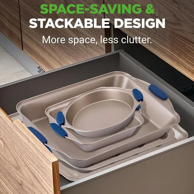 Alt view image 3 of 7 - NutriChef 8-Piece Nonstick Bakeware Set - Heavy Duty Carbon Steel Baking Pans w/ Blue Silicone Handles - Pizza Crisper, Muffin & Loaf Pan, Round & Square Pans, Cookie Sheet - Champagne Gold