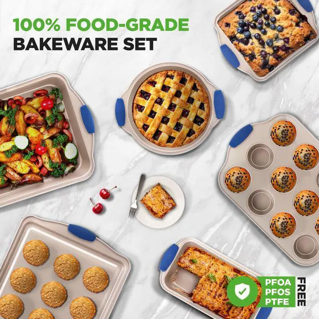 Alt view image 5 of 7 - NutriChef 8-Piece Nonstick Bakeware Set - Heavy Duty Carbon Steel Baking Pans w/ Blue Silicone Handles - Pizza Crisper, Muffin & Loaf Pan, Round & Square Pans, Cookie Sheet - Champagne Gold