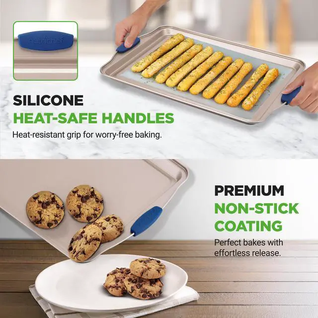 Alt view image 6 of 7 - NutriChef 8-Piece Nonstick Bakeware Set - Heavy Duty Carbon Steel Baking Pans w/ Blue Silicone Handles - Pizza Crisper, Muffin & Loaf Pan, Round & Square Pans, Cookie Sheet - Champagne Gold