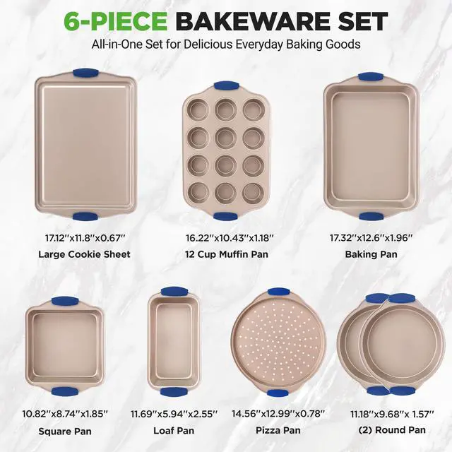 Alt view image 4 of 7 - NutriChef 8-Piece Nonstick Bakeware Set - Heavy Duty Carbon Steel Baking Pans w/ Blue Silicone Handles - Pizza Crisper, Muffin & Loaf Pan, Round & Square Pans, Cookie Sheet - Champagne Gold