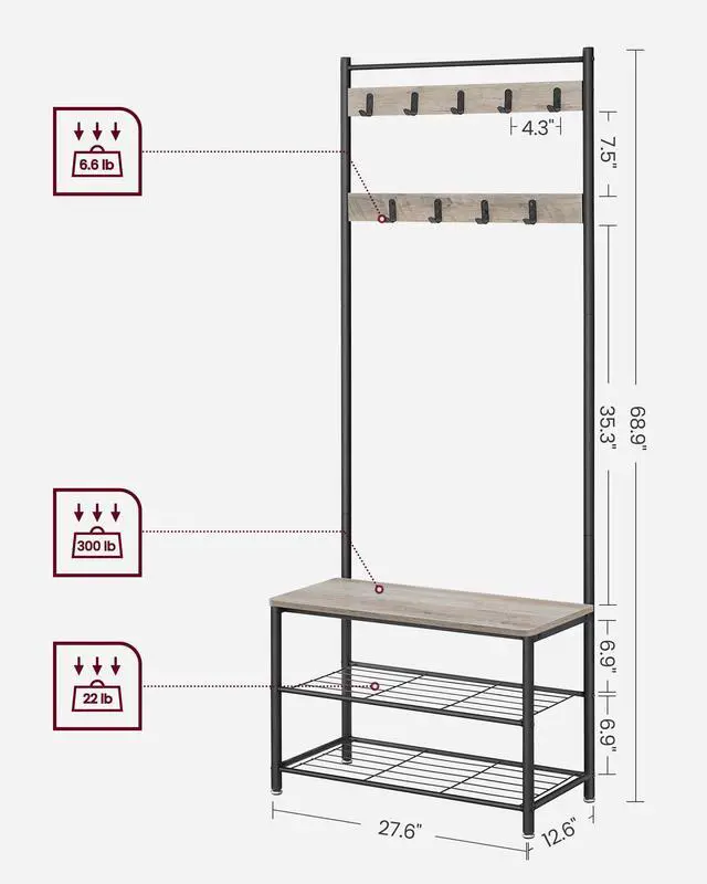 Alt view image 5 of 7 - VASAGLE Coat Rack, Hall Tree with Shoe Storage Bench, Entryway Bench with Shoe Storage, 3-in-1, Steel Frame, for Entryway, 12.6 x 27.6 x 68.9 Inches, Industrial, Greige and Black UHSR41MB