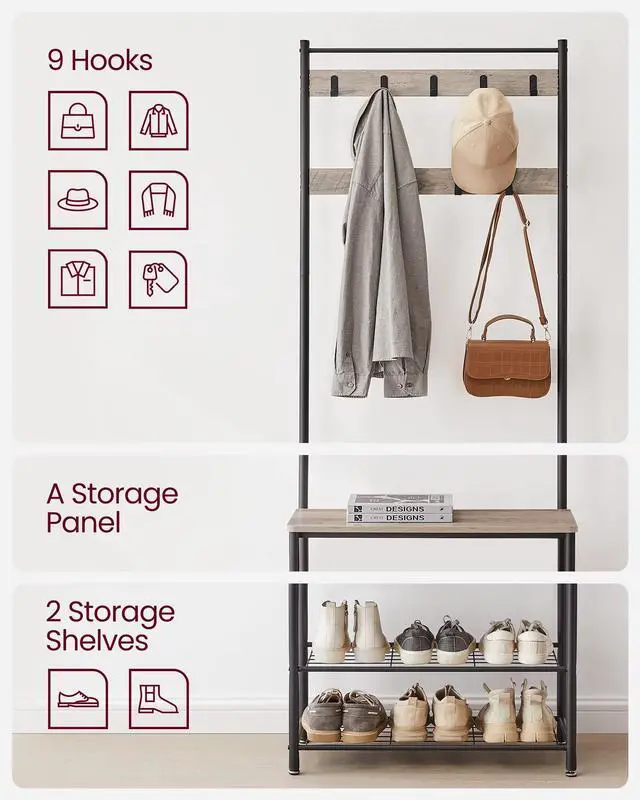 Alt view image 7 of 7 - VASAGLE Coat Rack, Hall Tree with Shoe Storage Bench, Entryway Bench with Shoe Storage, 3-in-1, Steel Frame, for Entryway, 12.6 x 27.6 x 68.9 Inches, Industrial, Greige and Black UHSR41MB