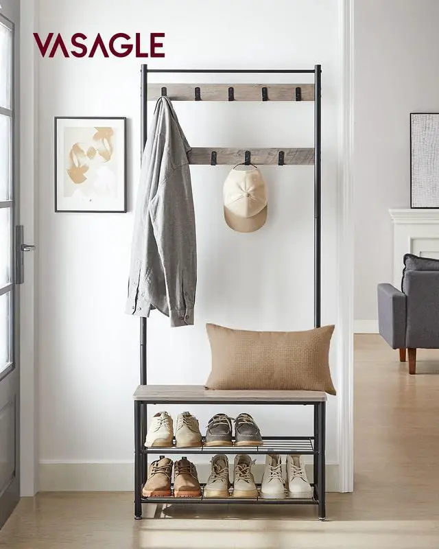 Alt view image 2 of 7 - VASAGLE Coat Rack, Hall Tree with Shoe Storage Bench, Entryway Bench with Shoe Storage, 3-in-1, Steel Frame, for Entryway, 12.6 x 27.6 x 68.9 Inches, Industrial, Greige and Black UHSR41MB