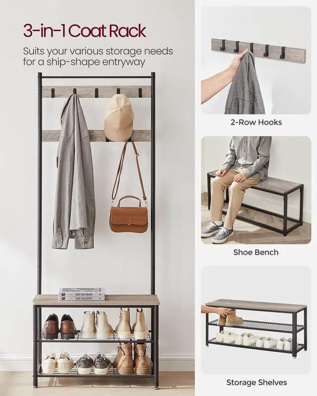 Alt view image 3 of 7 - VASAGLE Coat Rack, Hall Tree with Shoe Storage Bench, Entryway Bench with Shoe Storage, 3-in-1, Steel Frame, for Entryway, 12.6 x 27.6 x 68.9 Inches, Industrial, Greige and Black UHSR41MB