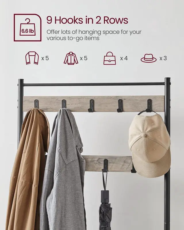 Alt view image 4 of 7 - VASAGLE Coat Rack, Hall Tree with Shoe Storage Bench, Entryway Bench with Shoe Storage, 3-in-1, Steel Frame, for Entryway, 12.6 x 27.6 x 68.9 Inches, Industrial, Greige and Black UHSR41MB