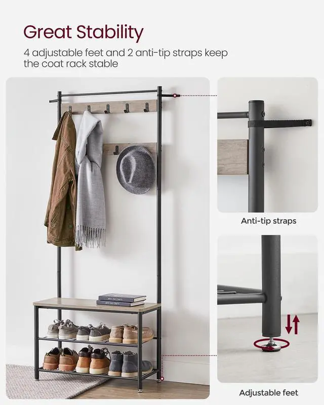 Alt view image 6 of 7 - VASAGLE Coat Rack, Hall Tree with Shoe Storage Bench, Entryway Bench with Shoe Storage, 3-in-1, Steel Frame, for Entryway, 12.6 x 27.6 x 68.9 Inches, Industrial, Greige and Black UHSR41MB