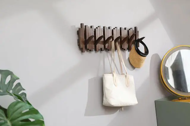 Alt view image 6 of 6 - GOGREEBELL Natural Wood Wall Mounted Piano Coat Rack| Coat Rack Wall Mount| Flip Down Wall Hook Rack 7 Hooks| Entryway Wall Art Hook,Made of Acacia Wood (Wood Wax Oil Dyed Walnut Color).Wall Art