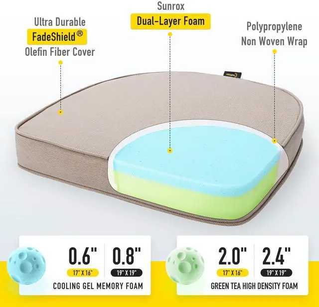 Alt view image 2 of 7 - SUNROX Gel Memory Foam Chair Cushions, FadeShield Water-, Stain-Resistant Durable Reversible Seat Cushion Pads with Ties for Indoor/Outdoor Kitchen Dining Office 17"x16" Set of 4, Husk Birch