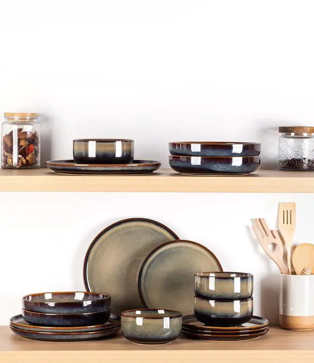 Alt view image 6 of 7 - TheTerra Ceramic Dinnerware Sets for 4, 12 Pieces Handmade Reactive Glaze Plates and Bowls Set, Scratch Resistant Dish Set, Oven & Microwave & Dishwasher Safe