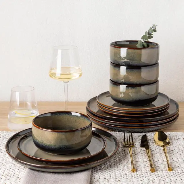 Alt view image 7 of 7 - TheTerra Ceramic Dinnerware Sets for 4, 12 Pieces Handmade Reactive Glaze Plates and Bowls Set, Scratch Resistant Dish Set, Oven & Microwave & Dishwasher Safe