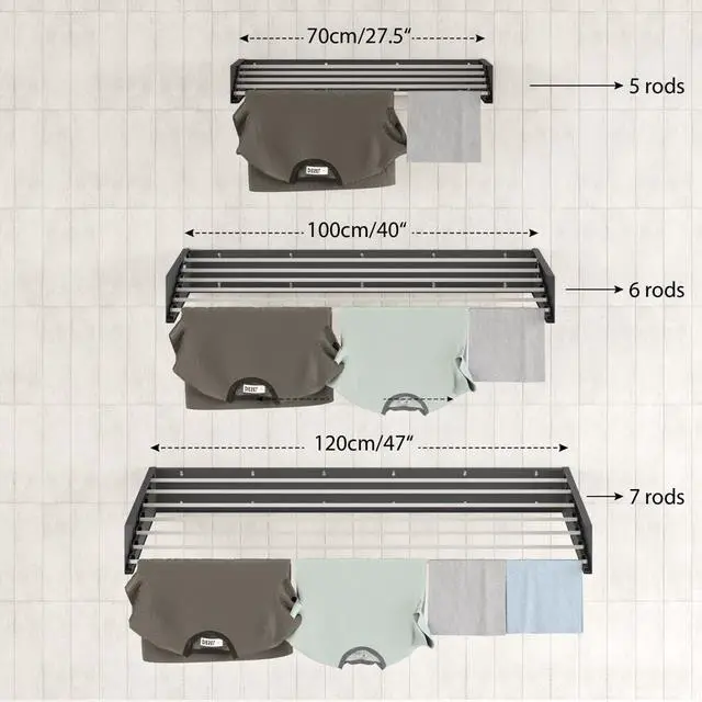 Alt view image 2 of 7 - Step Up Laundry Drying Rack (40-INCH Industrial Gray), Wall Mounted, Retractable Clothes Drying Rack, 60lbs Capacity, 20 Linear Ft, with Wall Template and Long Screwdriver Bit
