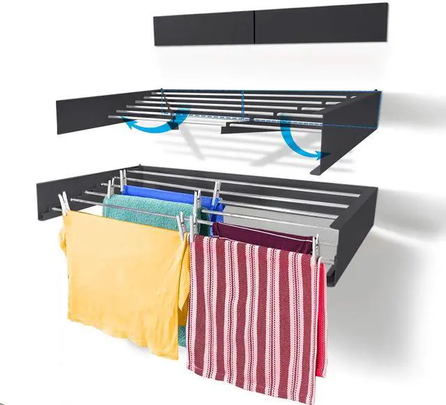 Main image of Step Up Laundry Drying Rack (40-INCH Industrial Gray), Wall Mounted, Retractable Clothes Drying Rack, 60lbs Capacity, 20 Linear Ft, with Wall Template and Long Screwdriver Bit