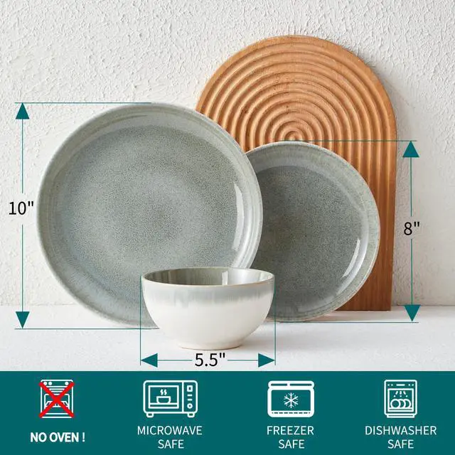Alt view image 2 of 5 - Pokini Gradient Green Stoneware Dinnerware Sets, 12 pcs Reactive Glaze Plates and Bowls Sets, Handmade Ceramic Round Dishes Set for 4, Highly Chip and Crack Resistant Modern Plate Set