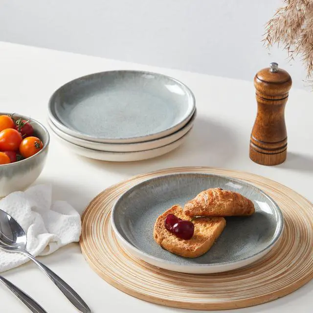 Alt view image 5 of 5 - Pokini Gradient Green Stoneware Dinnerware Sets, 12 pcs Reactive Glaze Plates and Bowls Sets, Handmade Ceramic Round Dishes Set for 4, Highly Chip and Crack Resistant Modern Plate Set
