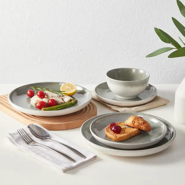 Alt view image 4 of 5 - Pokini Gradient Green Stoneware Dinnerware Sets, 12 pcs Reactive Glaze Plates and Bowls Sets, Handmade Ceramic Round Dishes Set for 4, Highly Chip and Crack Resistant Modern Plate Set