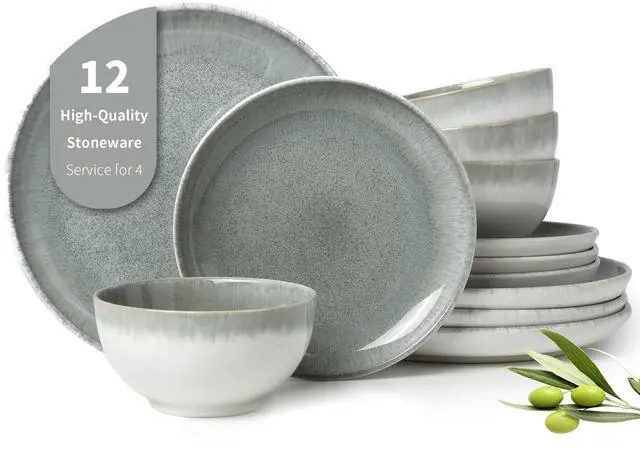 Main image of Pokini Gradient Green Stoneware Dinnerware Sets, 12 pcs Reactive Glaze Plates and Bowls Sets, Handmade Ceramic Round Dishes Set for 4, Highly Chip and Crack Resistant Modern Plate Set