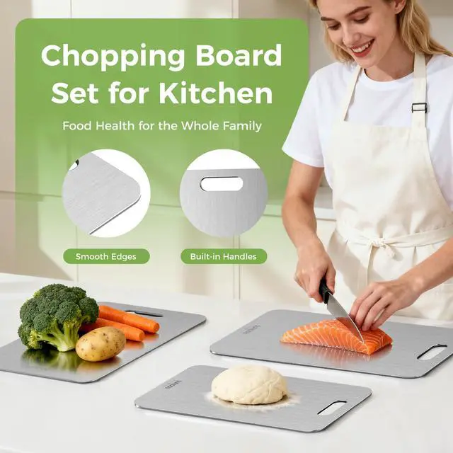 Alt view image 5 of 7 - Titanium Cutting Board Set of 3, Titanium Cutting Boards for Kitchen, 100% Double-Sided Titanium Cutting Boards, Separate Raw and Cooked Food Areas, Non-Toxic, Dishwasher Safe (S+ M + L)