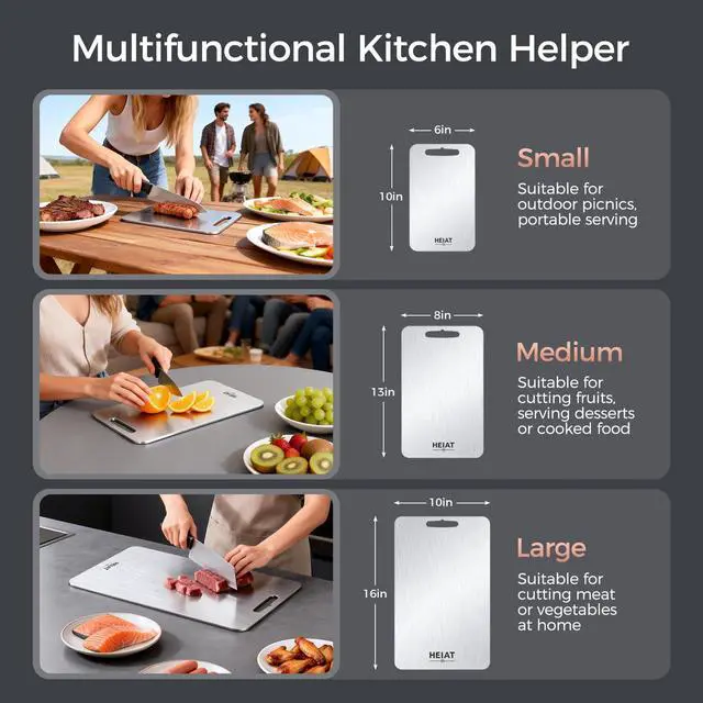 Alt view image 3 of 7 - Titanium Cutting Board Set of 3, 100% Pure Titanium Cutting Boards for Kitchen, Non-Toxic, Double-Sided Chopping Boards for Raw & Cooked Food, Handles Included, Dishwasher Safe(M+L+XL)
