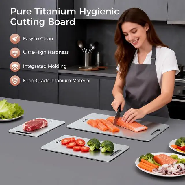 Alt view image 2 of 7 - Titanium Cutting Board Set of 3, 100% Pure Titanium Cutting Boards for Kitchen, Non-Toxic, Double-Sided Chopping Boards for Raw & Cooked Food, Handles Included, Dishwasher Safe(M+L+XL)
