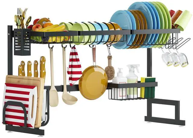 Alt view image 7 of 7 - PUSDON Over the Sink Dish Drying Rack, 2 Tier Adjustable Large Capacity Stainless Steel Dish Rack for Kitchen Counter, Heavy Duty Space Saver Organizer with Utensil Holder, Black