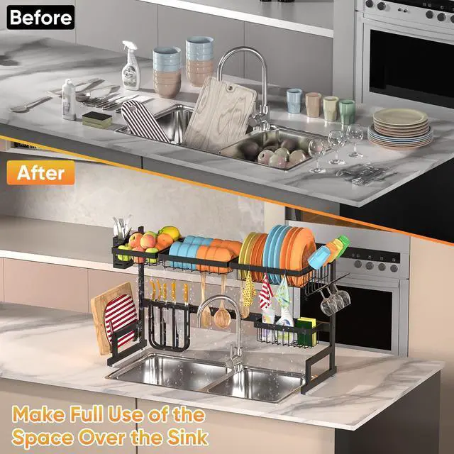 Alt view image 2 of 7 - PUSDON Over the Sink Dish Drying Rack, 2 Tier Adjustable Large Capacity Stainless Steel Dish Rack for Kitchen Counter, Heavy Duty Space Saver Organizer with Utensil Holder, Black