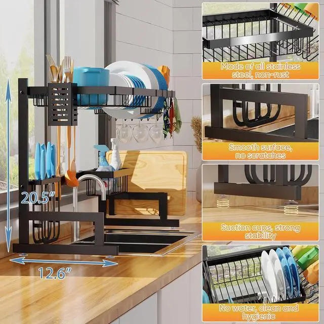 Alt view image 3 of 7 - PUSDON Over the Sink Dish Drying Rack, 2 Tier Adjustable Large Capacity Stainless Steel Dish Rack for Kitchen Counter, Heavy Duty Space Saver Organizer with Utensil Holder, Black