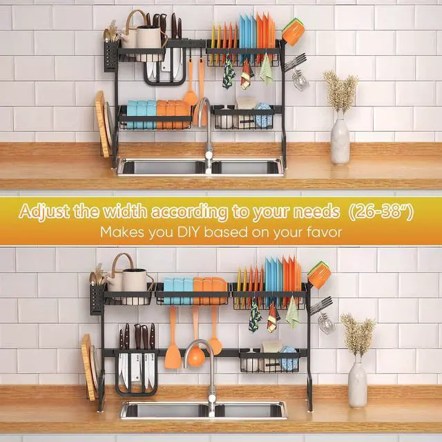 Alt view image 4 of 7 - PUSDON Over the Sink Dish Drying Rack, 2 Tier Adjustable Large Capacity Stainless Steel Dish Rack for Kitchen Counter, Heavy Duty Space Saver Organizer with Utensil Holder, Black