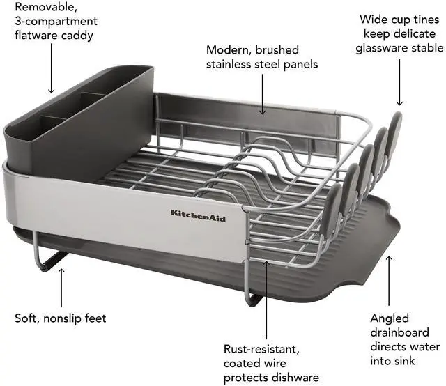 Alt view image 6 of 6 - KitchenAid Compact, Space Saving Rust Resistant Dish Rack, with Angled Self Draining Drain Board and Removable Flatware Caddy, 16.06-Inch, Gray