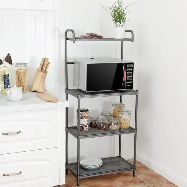 Alt view image 3 of 7 - Giantex Bakers Rack, 4-Tier Microwave Oven Stand, Kitchen Storage Rack with Mesh Wire Metal Shelves, Free Standing Shelving Utility Unit, 23.5" Lx14 Wx54 H (Silver)