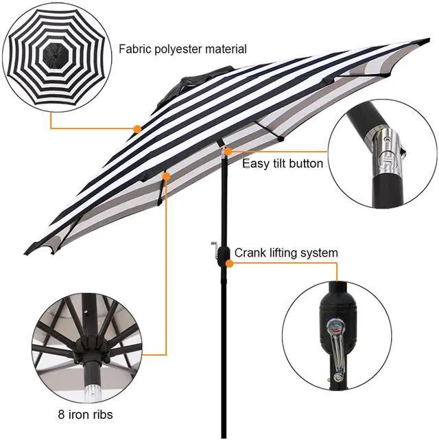 Alt view image 2 of 5 - Blissun 9' Outdoor Patio Umbrella, Striped Patio Umbrella, Outdoor Table Umbrella, Market Umbrella with 8 Sturdy Ribs, Push Button Tilt and Crank (Black & White Stripe)