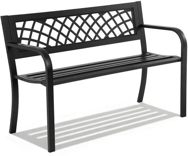 Main image of Garden Bench,Outdoor Benches,Iron Steel Frame Patio Bench with Mesh Pattern and Plastic Backrest Armrests for Lawn Yard Porch Work Entryway,Black