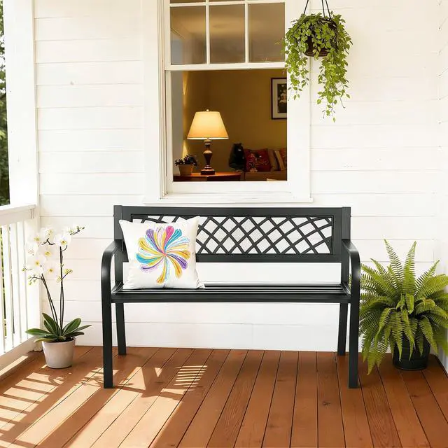 Alt view image 2 of 7 - Garden Bench,Outdoor Benches,Iron Steel Frame Patio Bench with Mesh Pattern and Plastic Backrest Armrests for Lawn Yard Porch Work Entryway,Black