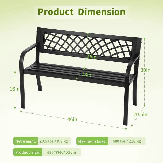 Alt view image 3 of 7 - Garden Bench,Outdoor Benches,Iron Steel Frame Patio Bench with Mesh Pattern and Plastic Backrest Armrests for Lawn Yard Porch Work Entryway,Black
