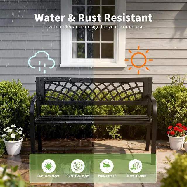 Alt view image 4 of 7 - Garden Bench,Outdoor Benches,Iron Steel Frame Patio Bench with Mesh Pattern and Plastic Backrest Armrests for Lawn Yard Porch Work Entryway,Black