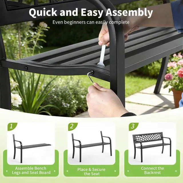 Alt view image 6 of 7 - Garden Bench,Outdoor Benches,Iron Steel Frame Patio Bench with Mesh Pattern and Plastic Backrest Armrests for Lawn Yard Porch Work Entryway,Black
