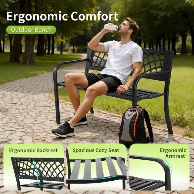 Alt view image 5 of 7 - Garden Bench,Outdoor Benches,Iron Steel Frame Patio Bench with Mesh Pattern and Plastic Backrest Armrests for Lawn Yard Porch Work Entryway,Black