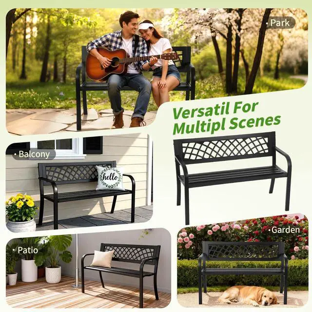 Alt view image 7 of 7 - Garden Bench,Outdoor Benches,Iron Steel Frame Patio Bench with Mesh Pattern and Plastic Backrest Armrests for Lawn Yard Porch Work Entryway,Black