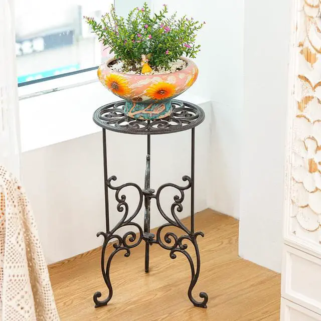 Alt view image 2 of 7 - Sungmor Heavy Duty Cast Iron Potted Plant Stand,19.3-Inch 1 Tier Metal Planter Rack,Decorative Flower Pot Holder,Vintage & Rustic Style Indoor Outdoor Garden Pots Container Supports
