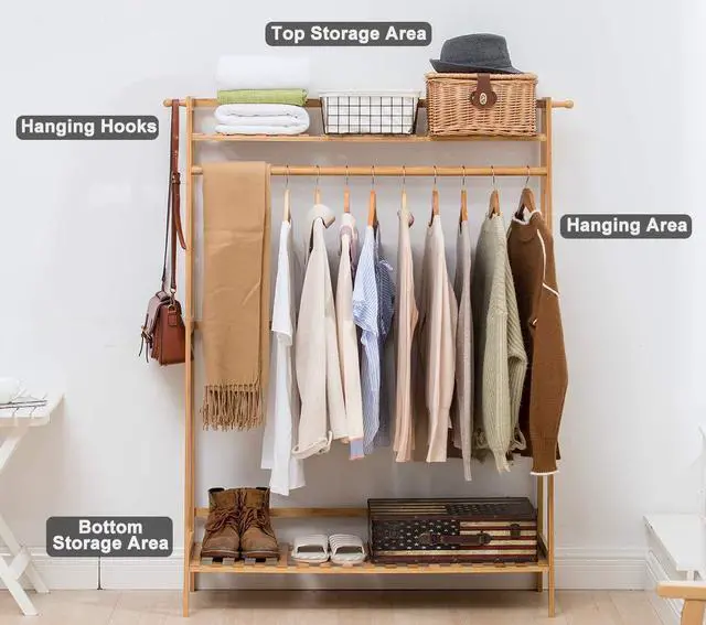 Alt view image 2 of 6 - COPREE Bamboo Garment Coat Clothes Hanging Heavy Duty Rack with top Shelf and Shoe Clothing Storage Organizer Shelves