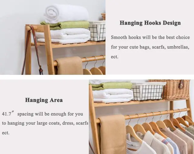 Alt view image 4 of 6 - COPREE Bamboo Garment Coat Clothes Hanging Heavy Duty Rack with top Shelf and Shoe Clothing Storage Organizer Shelves